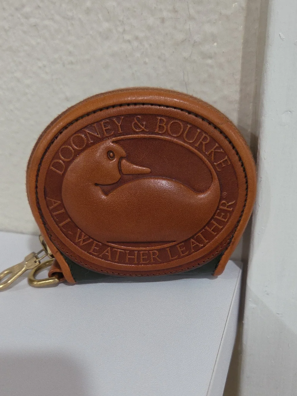 Dooney & Bourke VintageTan and Dark Green Leather Coin Pouch with Embossed Duck